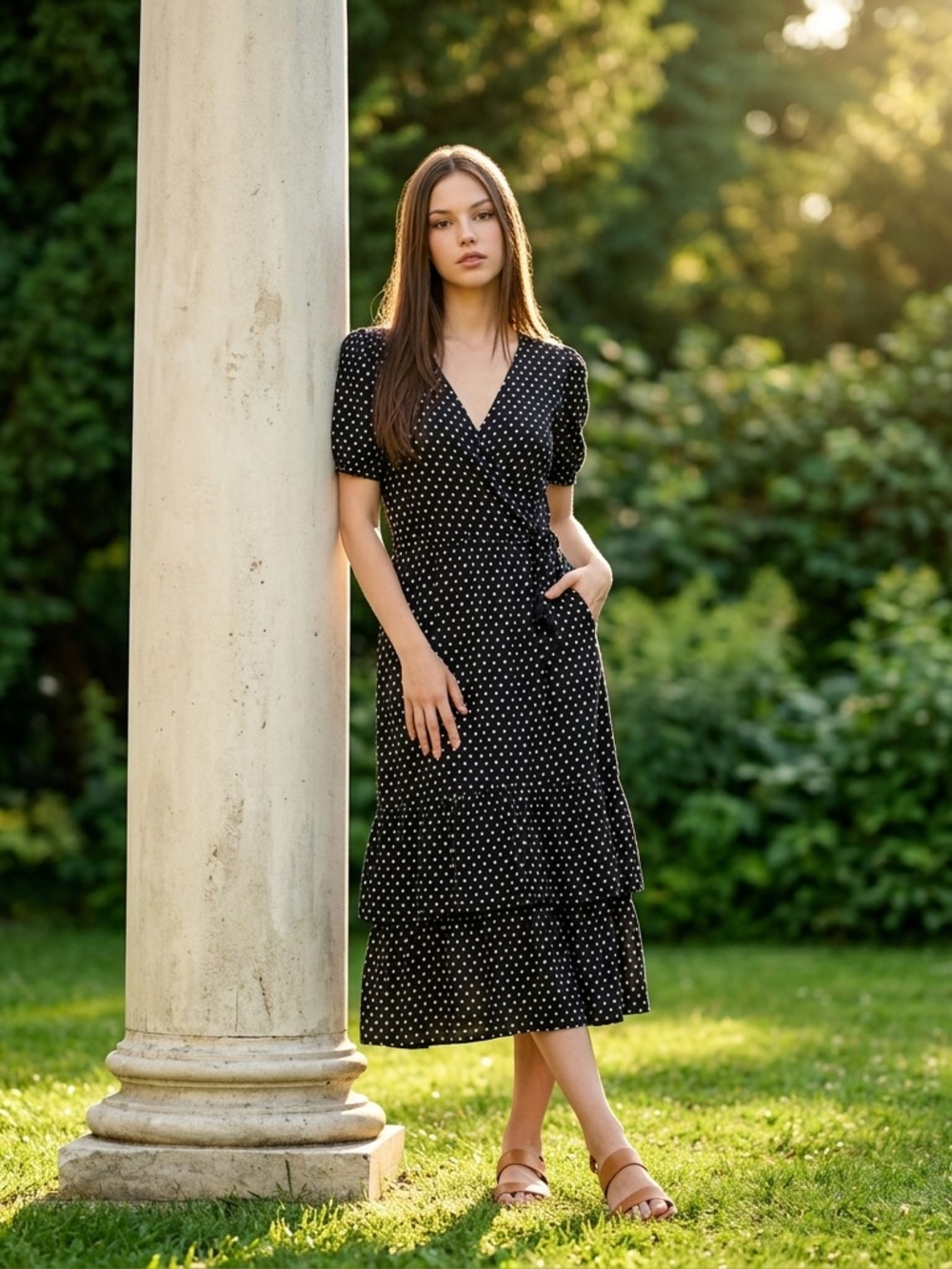 Knox Rose Black and White Square Dot Wrap Midi Dress